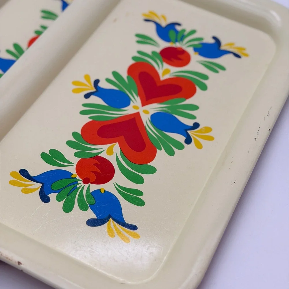 Vintage Scandinavian Folk Art Metal Trays Set of 4 Hearts Tulips Rosemaling MCM